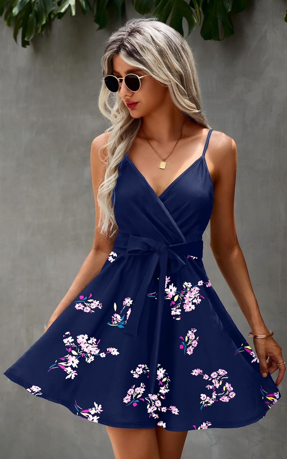ECOWISH Summer Dresses for Women 2025 V-Neck Spaghetti Strap Bowknot Backless Sleeveless Lace Mini Swing Skater Dress