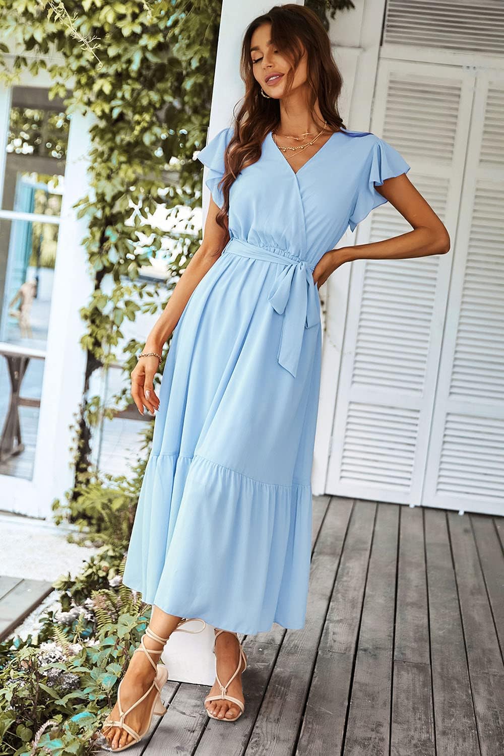 PRETTYGARDEN Women's Summer Floral Boho Dress Wrap V Neck Short Sleeve Ruffle A-Line Flowy Maxi Wedding Guest Dresses