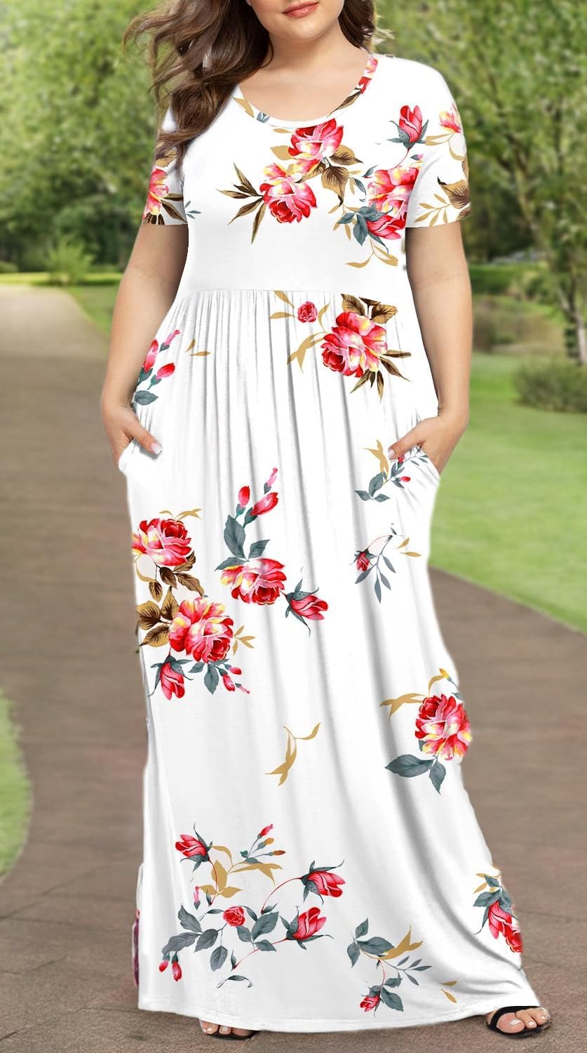LONGYUAN Women's Plus Size Maxi Dresses for Curvy Women Summer Short Sleeve Casual 2025 Long Dress XL-6XL