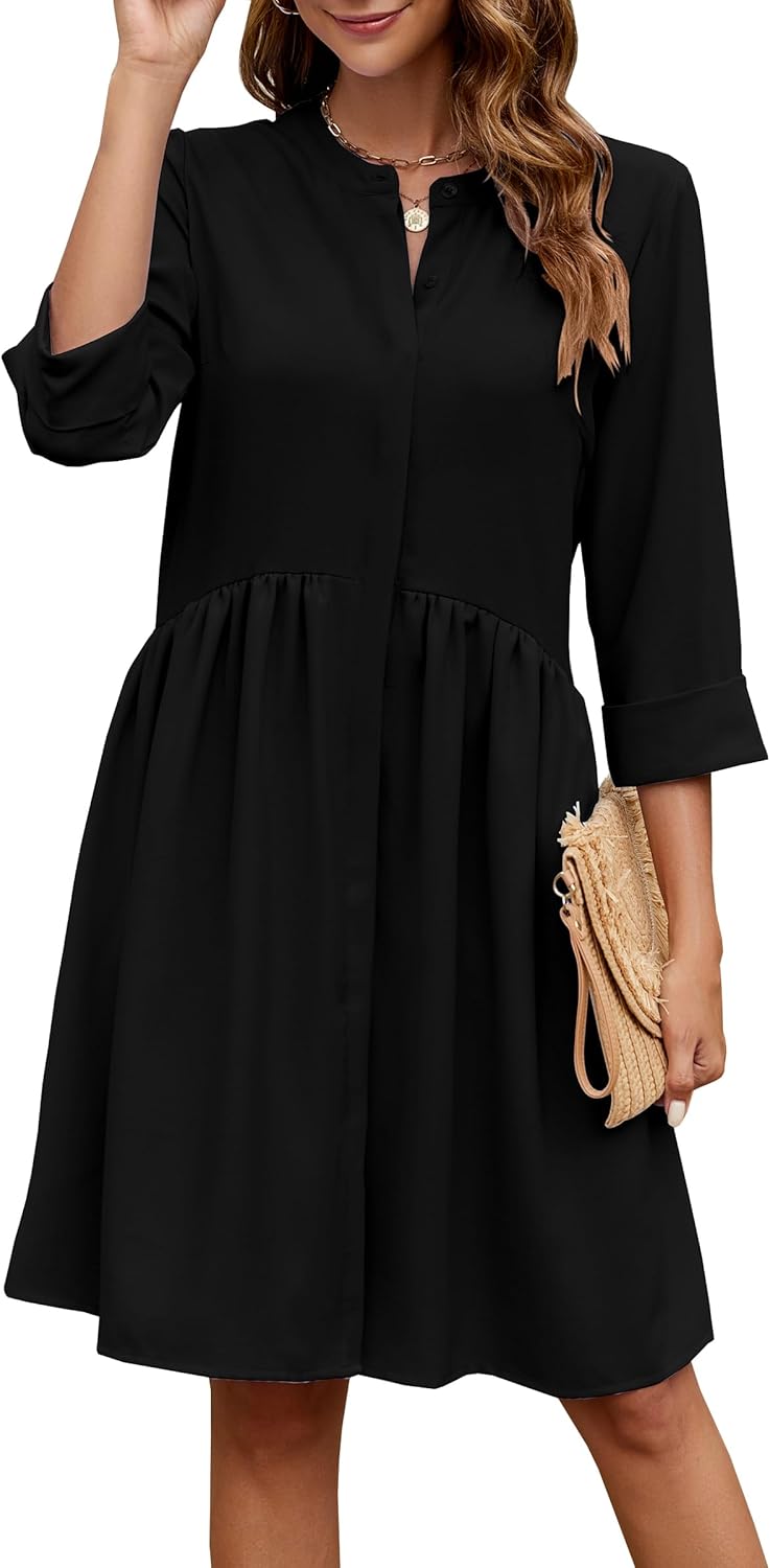 CCTOO Women's Summer Dresses Casual V Neck Button Down 3/4 Sleeve Floral Print Loose Flowy Shirt Dress