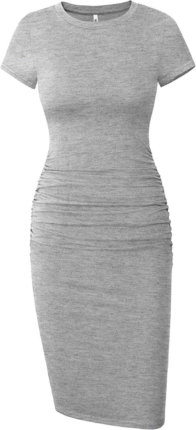 Missufe Women's Short Sleeve Ruched Casual Sundress Midi Bodycon T Shirt Dress