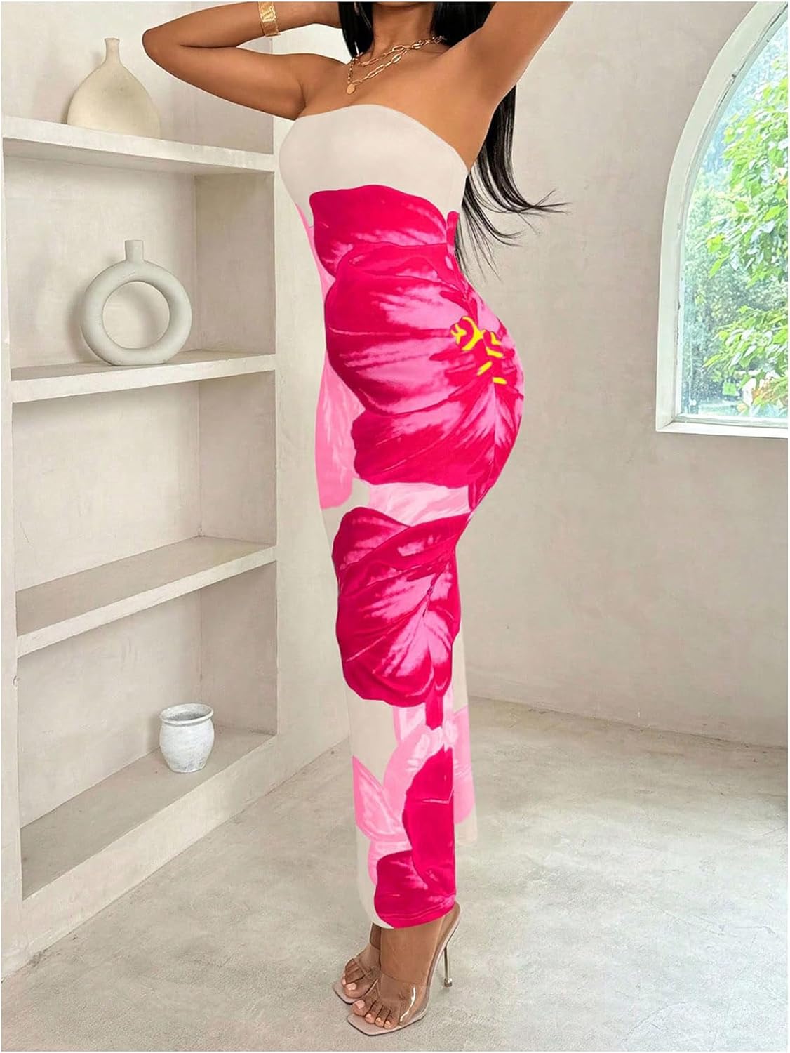 GORGLITTER Women's Floral Strapless Tube Dress Sleeveless Bodycon Maxi Dress Wedding Guest Long Dress