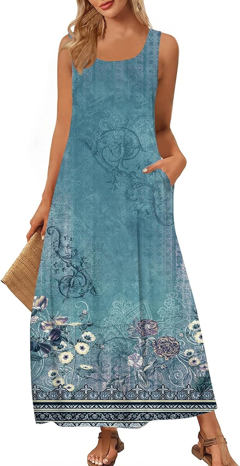 Womens Summer Tank Dress Vacation Boho Floral Long Dresses with Pockets Resort Wear Swing Beach Sleeveless Sundress