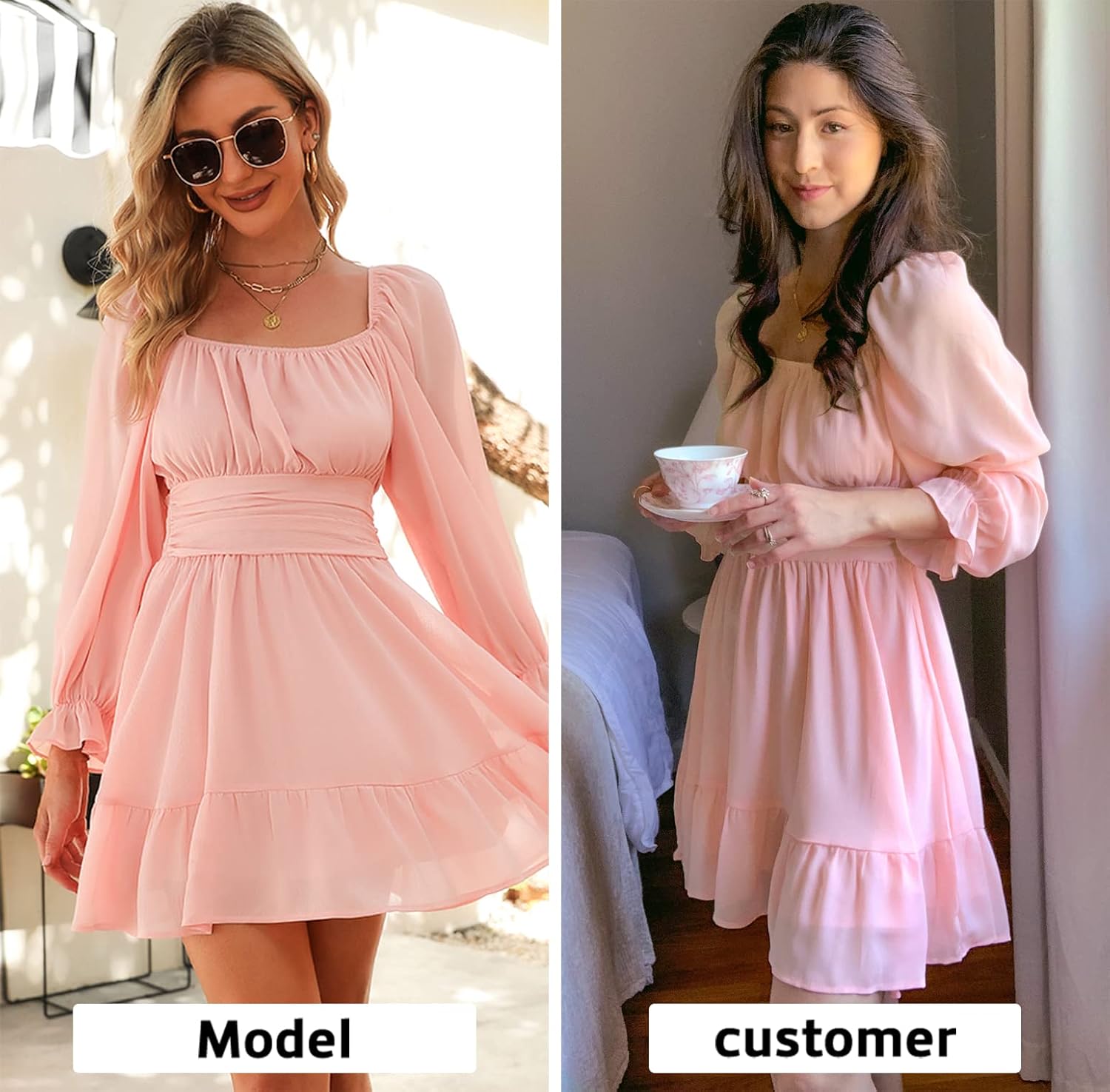 EXLURA Women's 2025 Casual Long Lantern Sleeve Dresses Square Neck Ruffle Tie Back Elastic Waist Aline Short Mini Dress