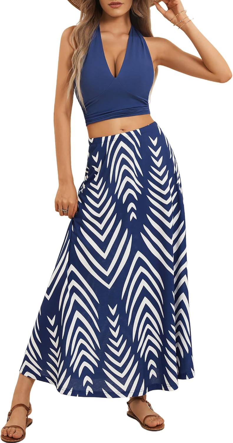 FENSACE Women's Summer Sexy 2 Pieces Floral Beach Vacation Outfits Halter Top Maxi Skirt Set