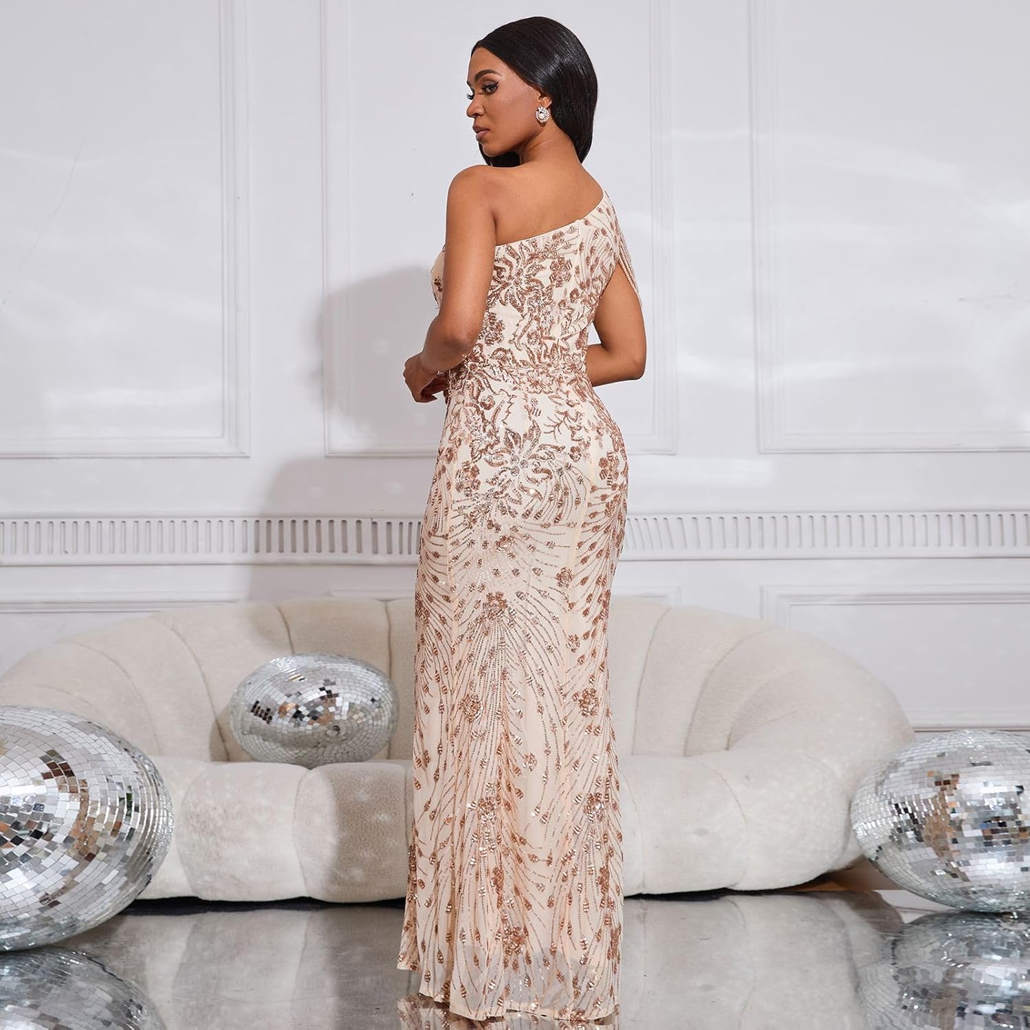 Cololura Women Sequin Elegant Sexy One Shoulder Tassel Mermaid Bodycon Cocktail Evening Dress