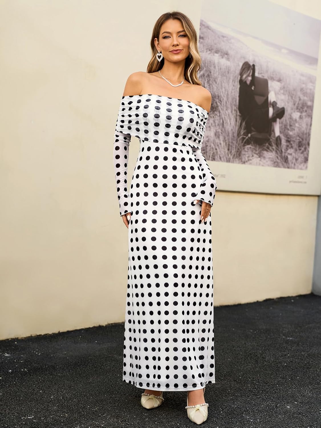 KUTUMAI Women Off Shoulder Bodycon Maxi Dress Long Sleeve Mesh Ruched Party Formal Wedding Guest Dresses