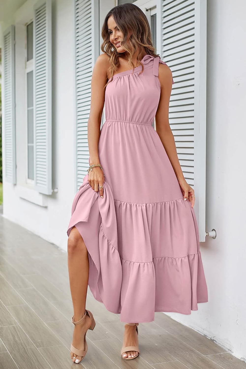 PRETTYGARDEN Women's Summer Floral Maxi Dress Knot One Shoulder Sleeveless Ruffle Flowy Boho Beach Wedding Guest Dresses
