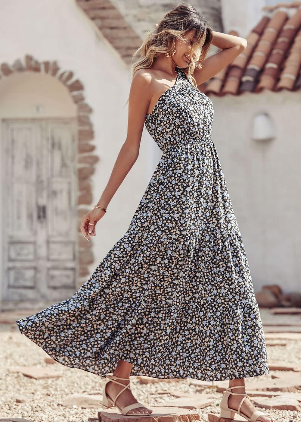PRETTYGARDEN Women's Summer Floral Maxi Dress Knot One Shoulder Sleeveless Ruffle Flowy Boho Beach Wedding Guest Dresses