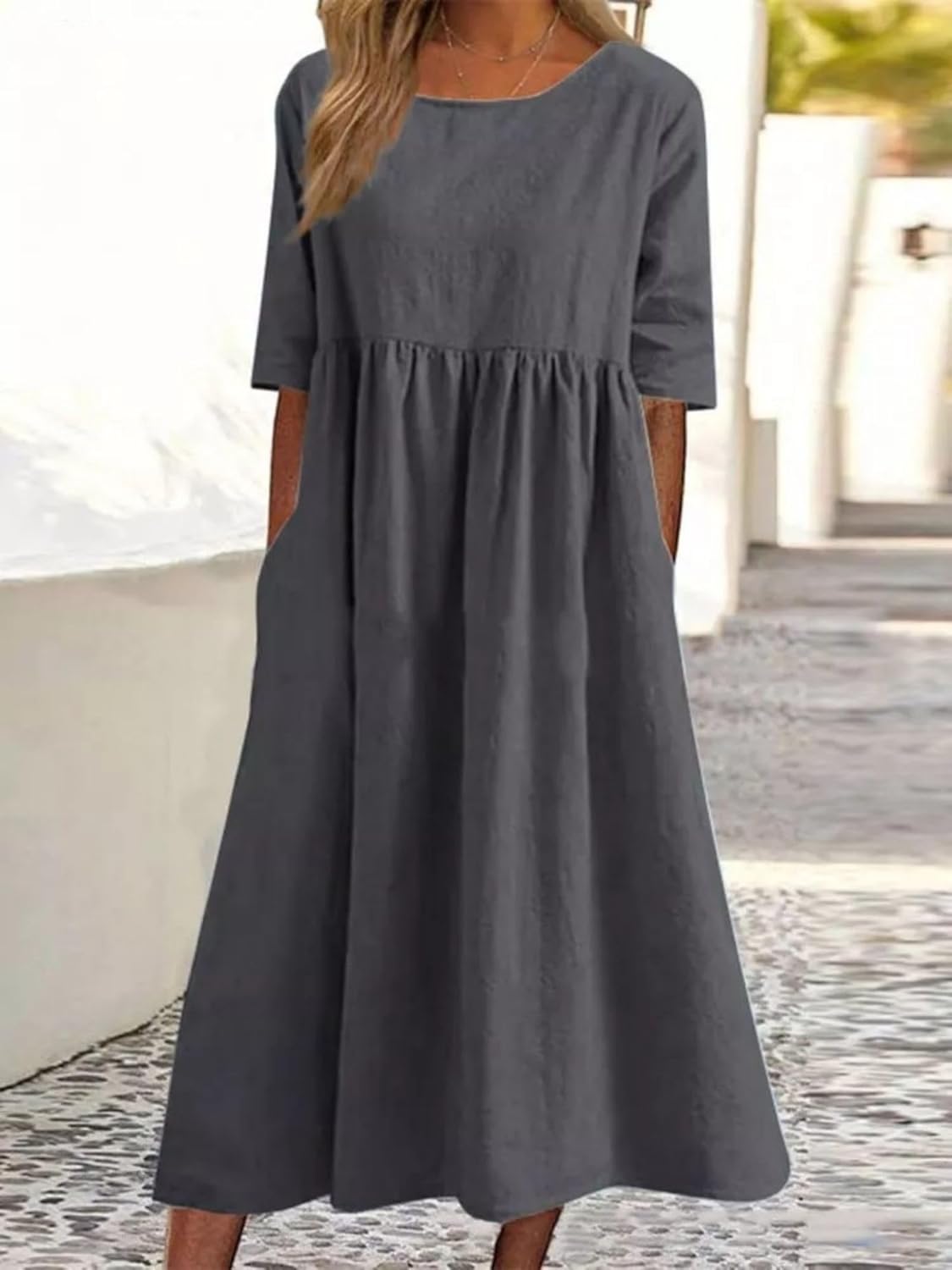 Womens Oversized Baggy Flowy Cotton Linen Maxi Dresses Summer Beach Short Sleeve Round Neck Pleated Dress Sundress