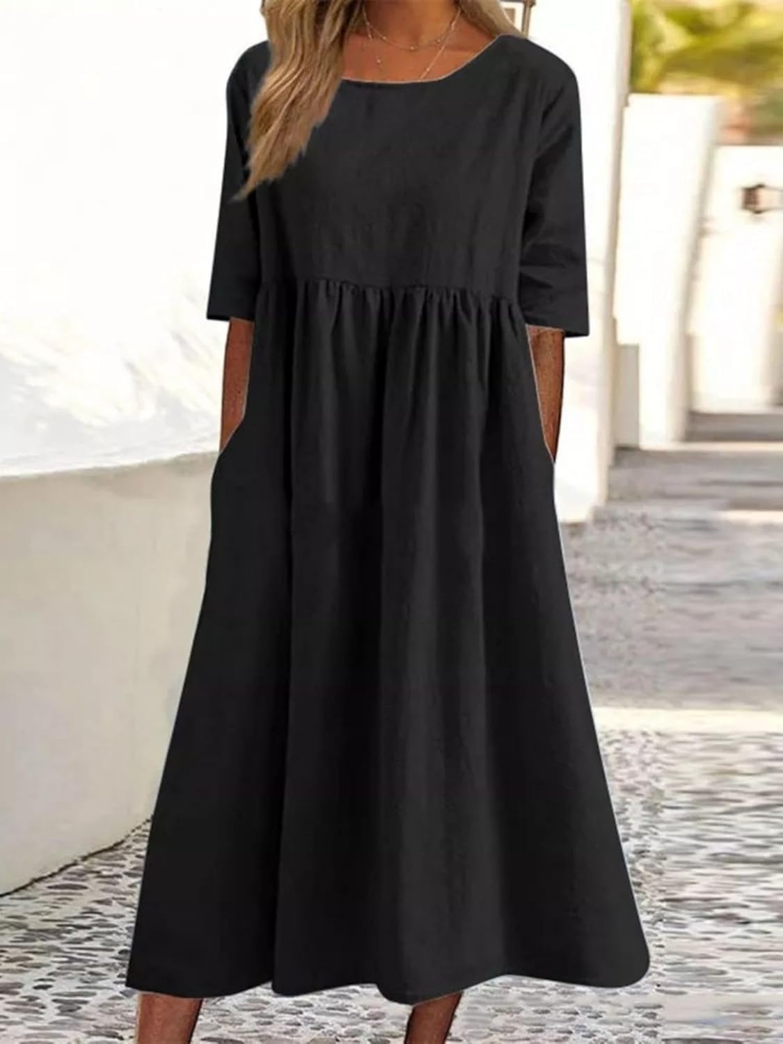 Womens Oversized Baggy Flowy Cotton Linen Maxi Dresses Summer Beach Short Sleeve Round Neck Pleated Dress Sundress