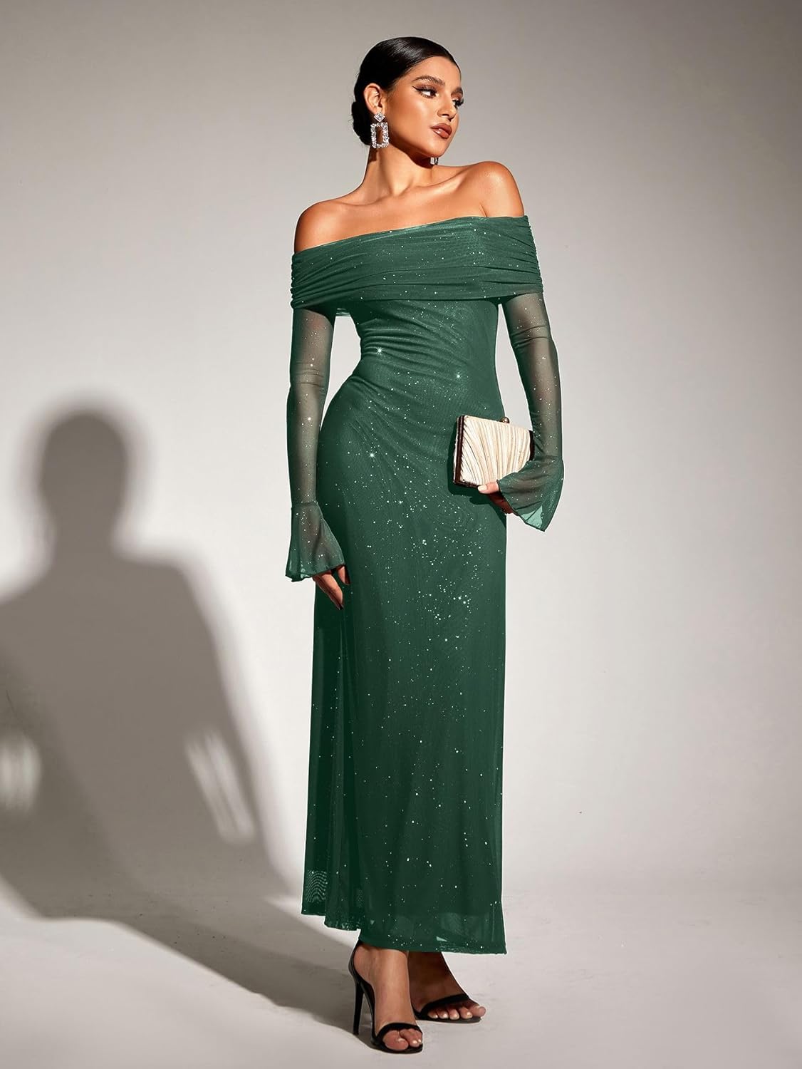 KUTUMAI Women Off Shoulder Bodycon Maxi Dress Long Sleeve Mesh Ruched Party Formal Wedding Guest Dresses