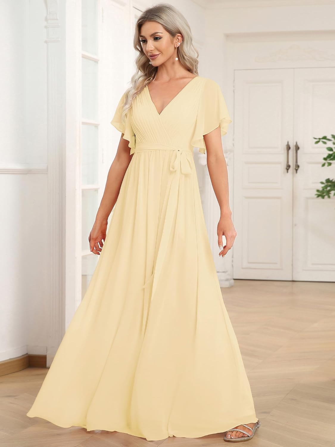 Ever-Pretty Women's Bridesmaid Dress V-Neck Ruffle Sleeves Ruched Bust Floor Length Chiffon Formal Dresses 0164A