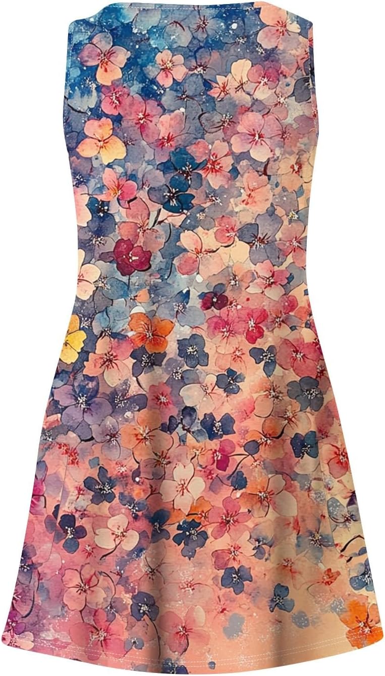 Women's Sleeveless Floral Print Summer Dress Casual V-Neck A-Line Mini Dress for Beach Party and Daily Wear