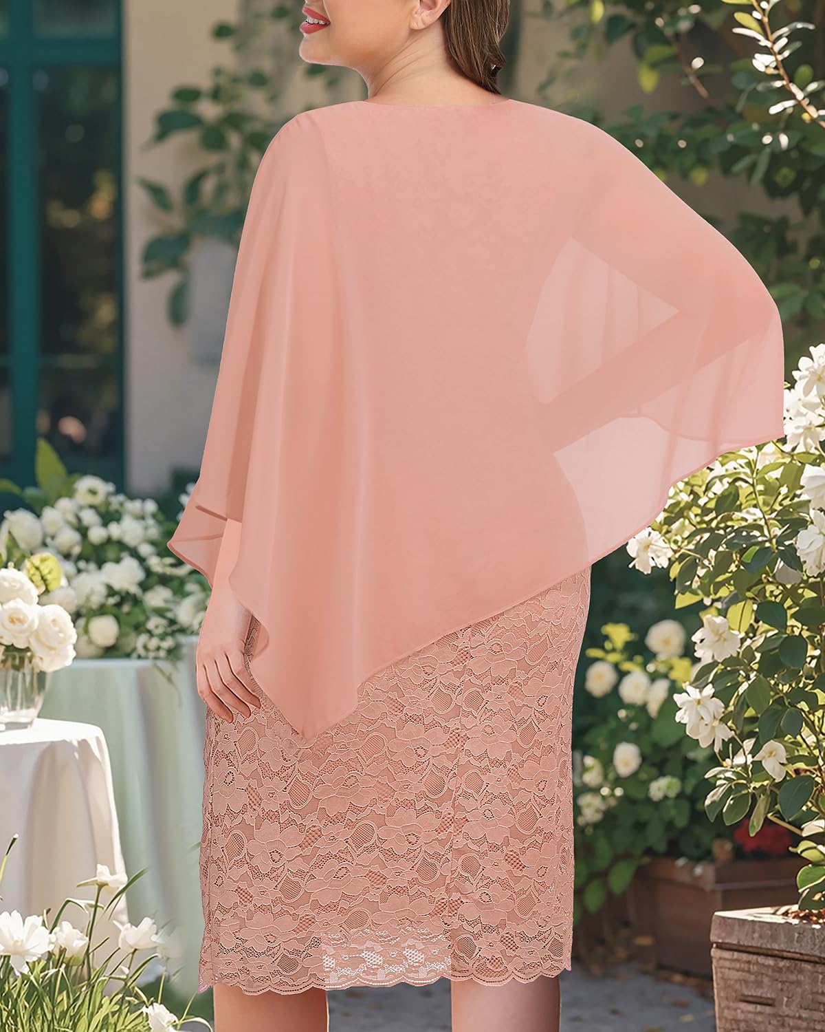 Plus Size Dresses Wedding Guest - Mother Bride Semi Formal Lace Cape with Chiffon Overlay Dresses