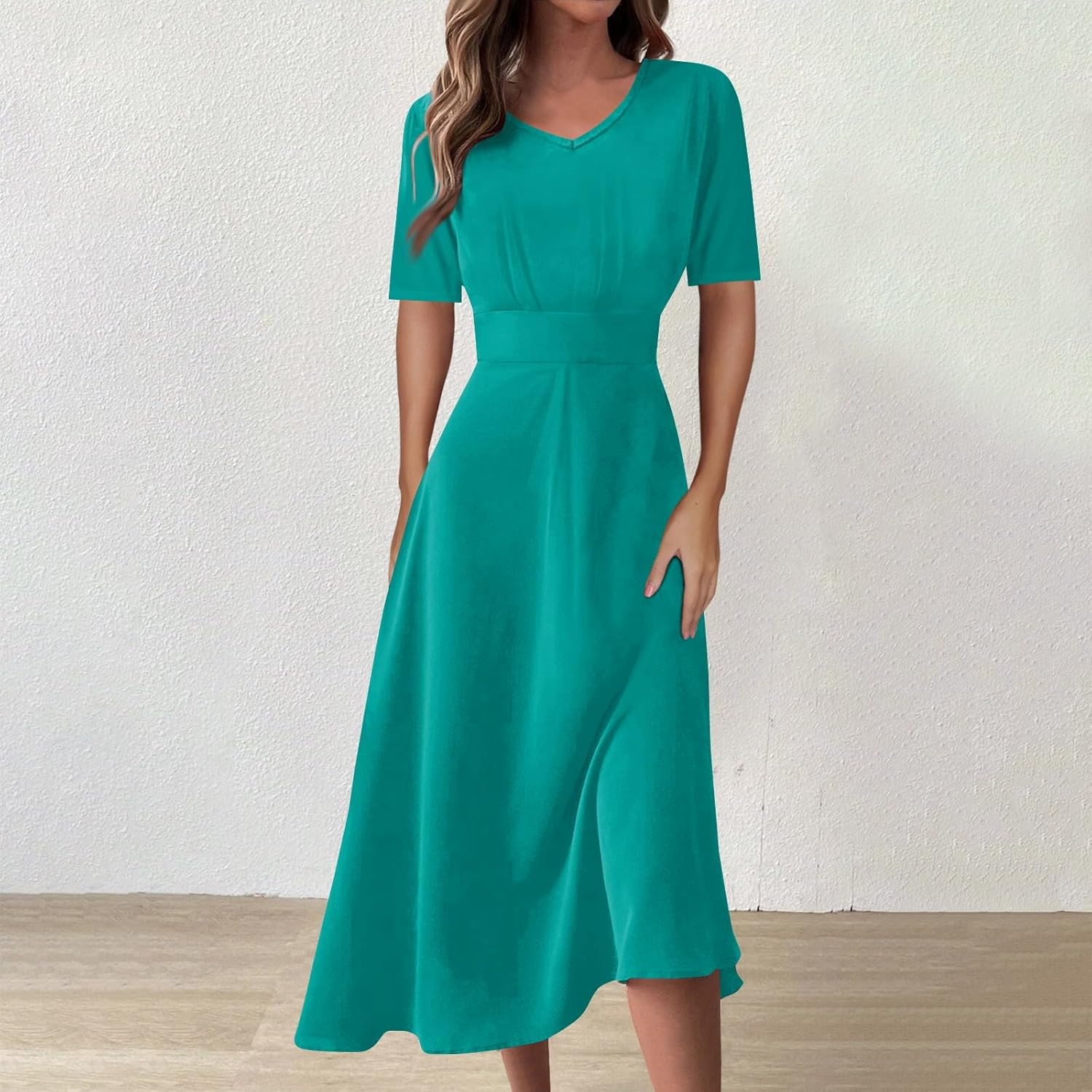 Women's Summer Elegant Cocktail Dress Solid Color Swing V-Neck Party Gown Dresses, S-2XL