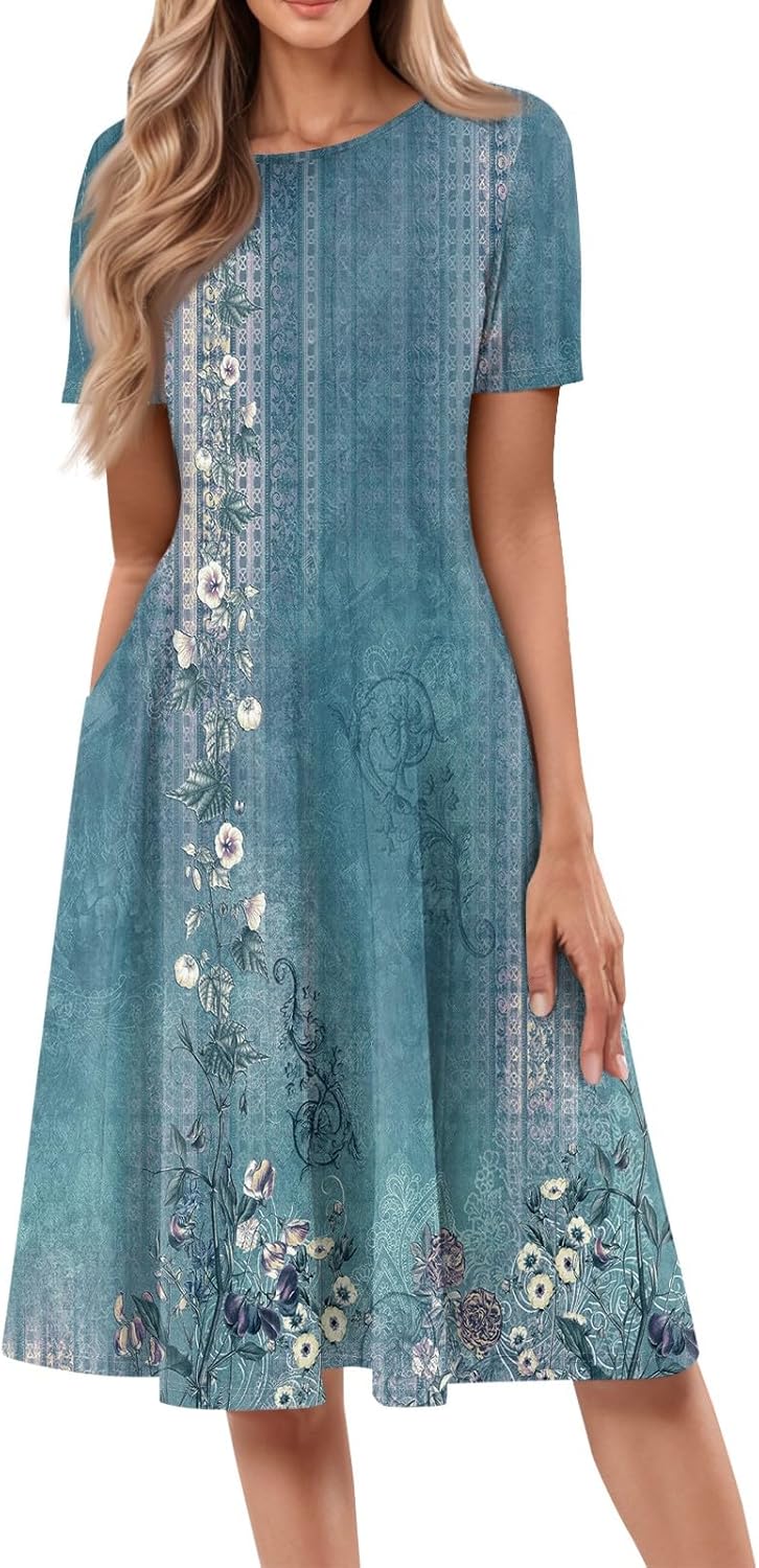 Summer Dresses for Women 2025 Crew Neck Short Sleeve Boho Beach Vacation Floral/Solid Midi Sundresses with Pockets