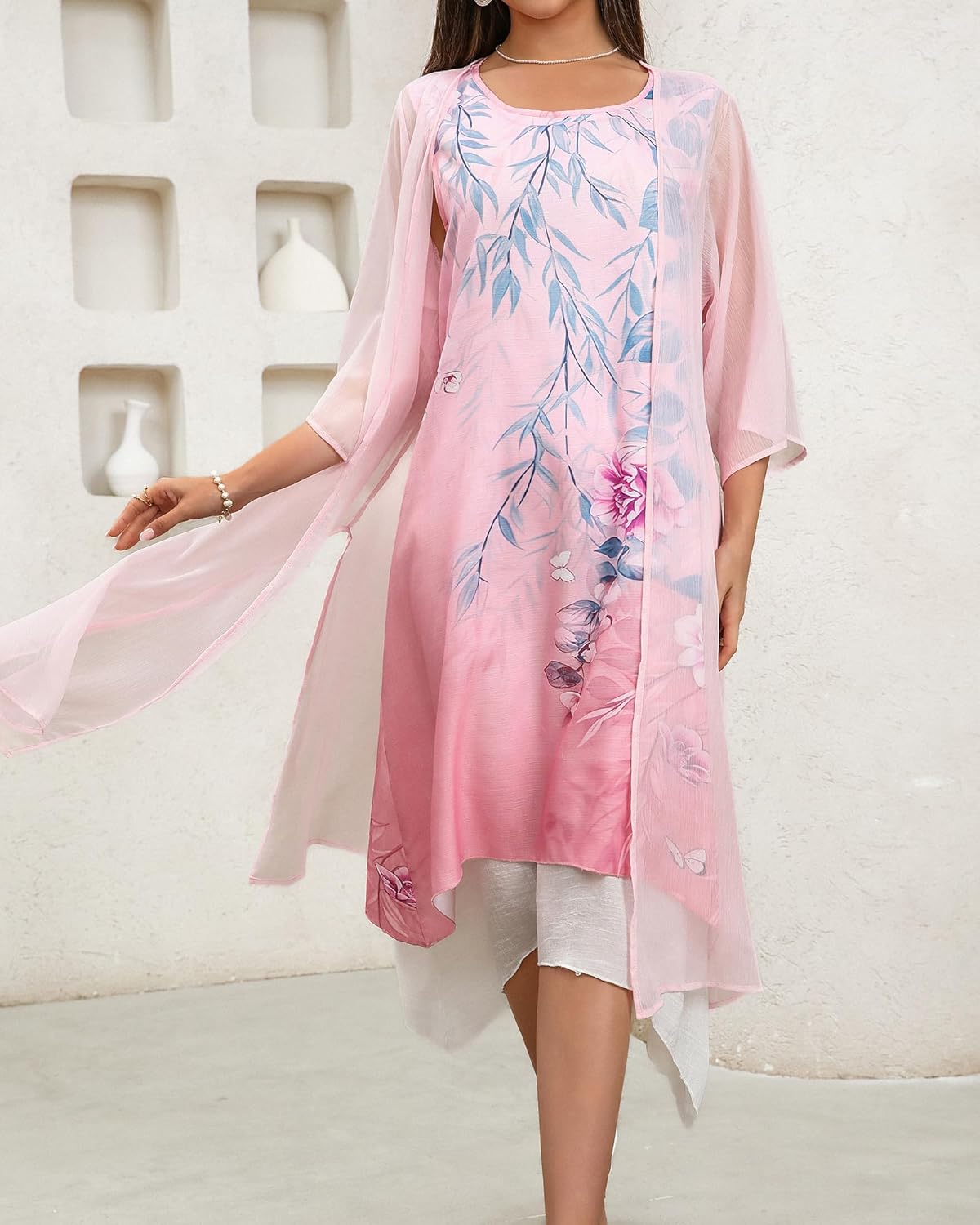 Honwenle Women's Linen Dress 2 Piece Outfit Floral Sleeveless Loose Maxi Summer Dresses with Jacket Formal Casual