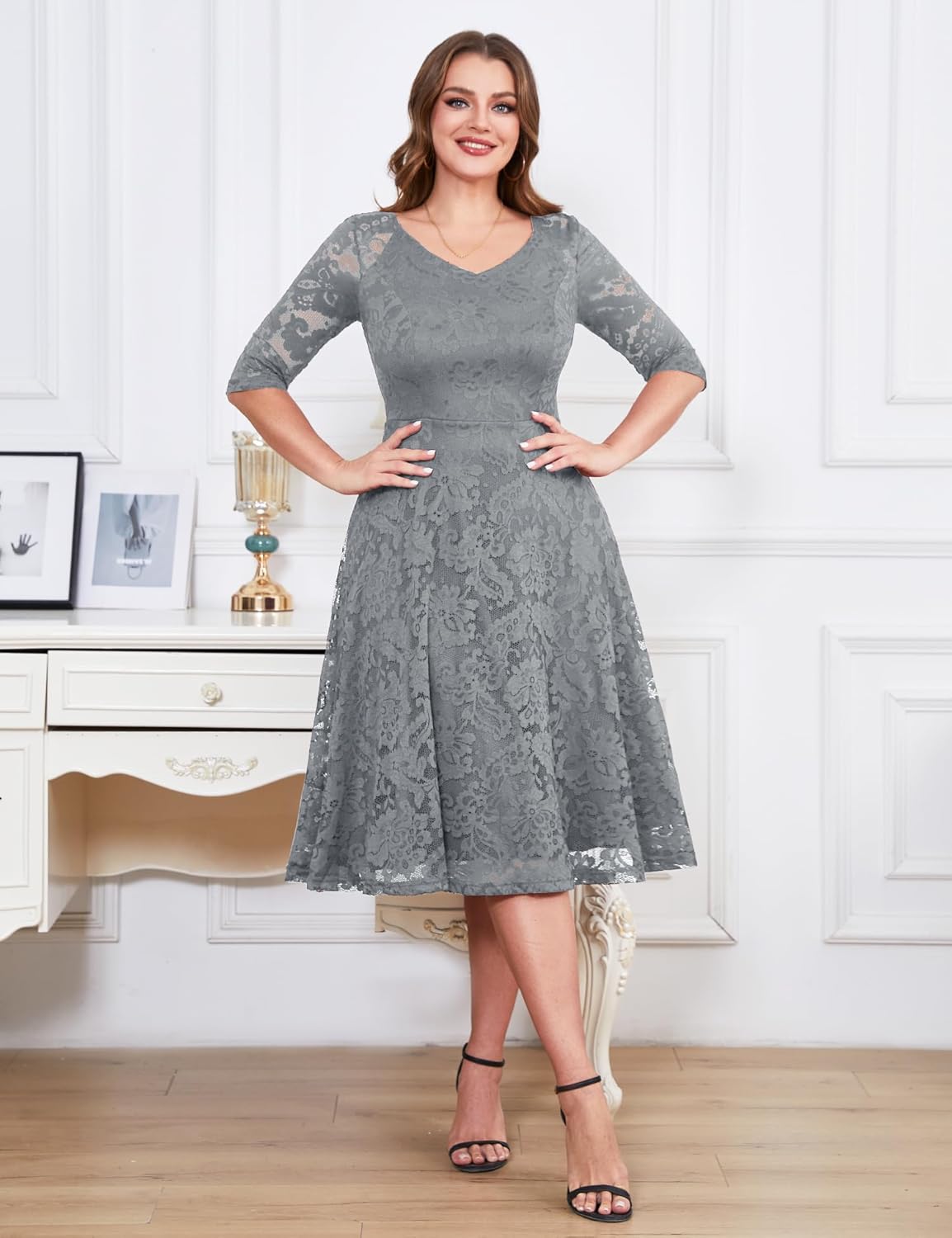 Dressystar Womens Long-Sleeve Wedding Guest Dress A-Line Lace Formal Party Cocktail Midi Dress Prom Gown