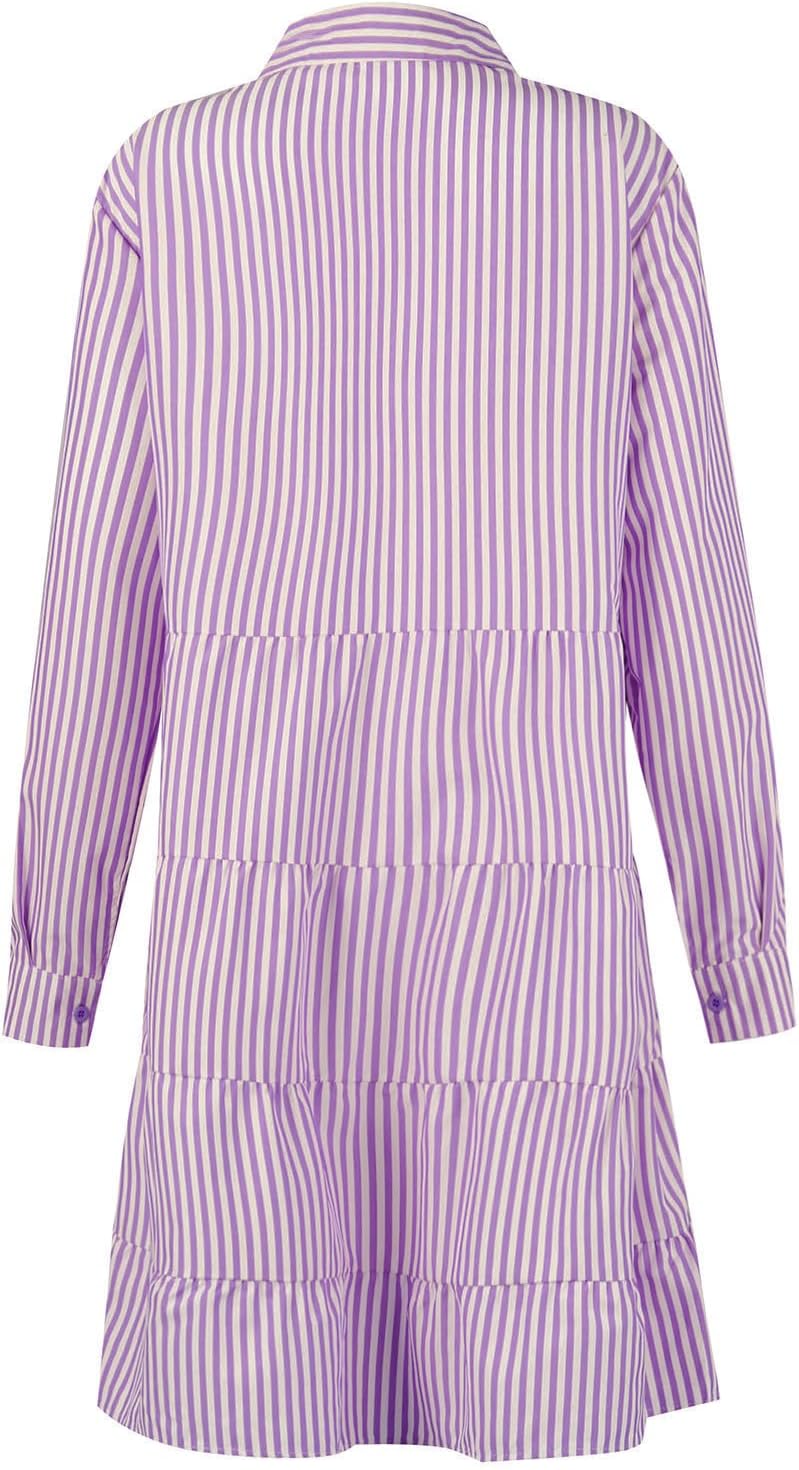 Button Down Dress for Women Summer Casual Striped Long Sleeve V Neck Lapel Dresses Loose Ruched Party Midi Dress 2025