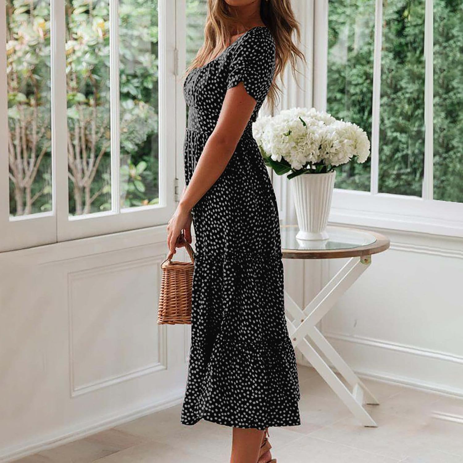 Womens Short Sleeve Dress Dress for Women Scoop Neck Chiffon Beach Hawaiian Pleated Maxi Long Dress 2025