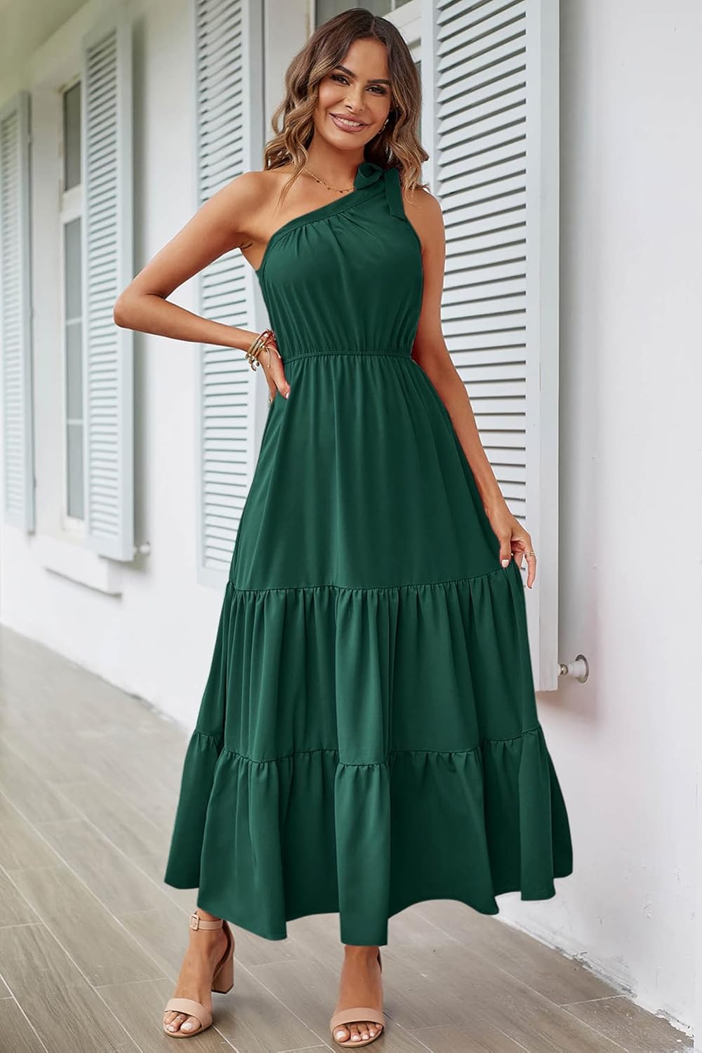 PRETTYGARDEN Women's Summer Floral Maxi Dress Knot One Shoulder Sleeveless Ruffle Flowy Boho Beach Wedding Guest Dresses