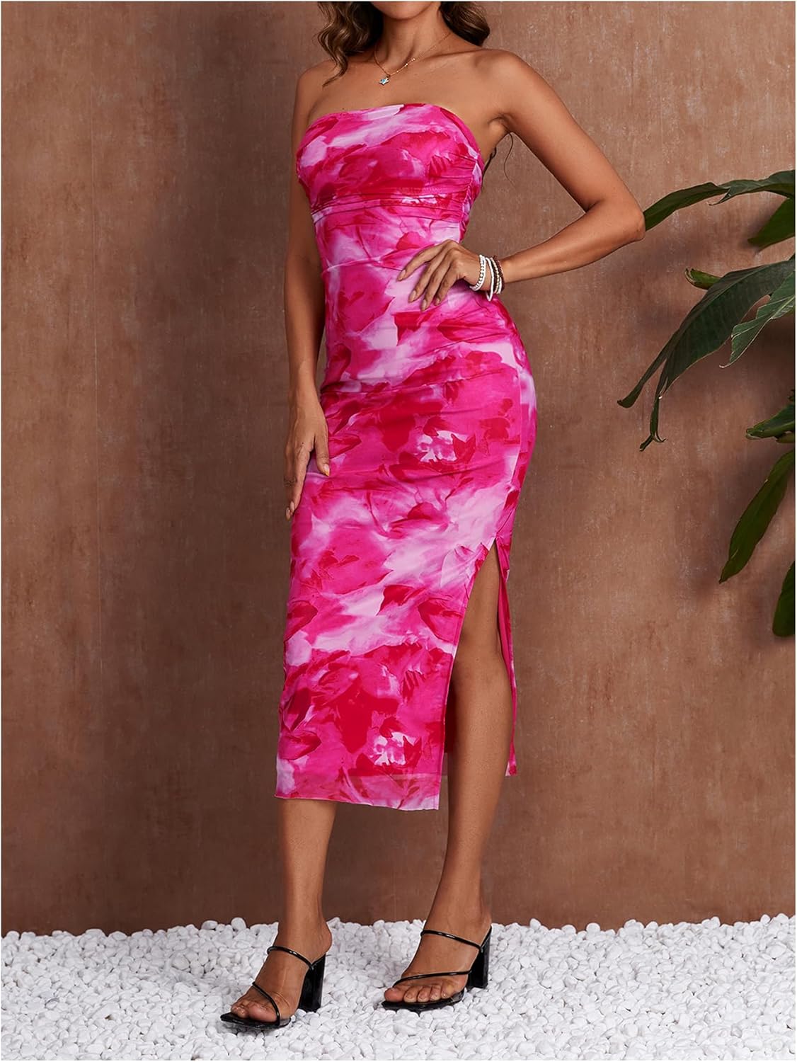 Milumia Women's Printed Strapless Tube Top Long Dress Slit Hem Sleeveless Bodycon Maxi Dresses