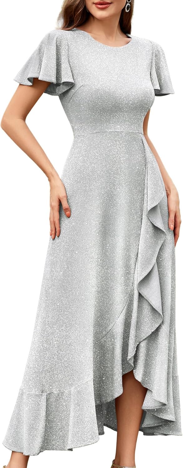 BeryLove Women Sequin Formal Party Dress Flutter Short Sleeve Wedding Cocktail Long Evening Dress