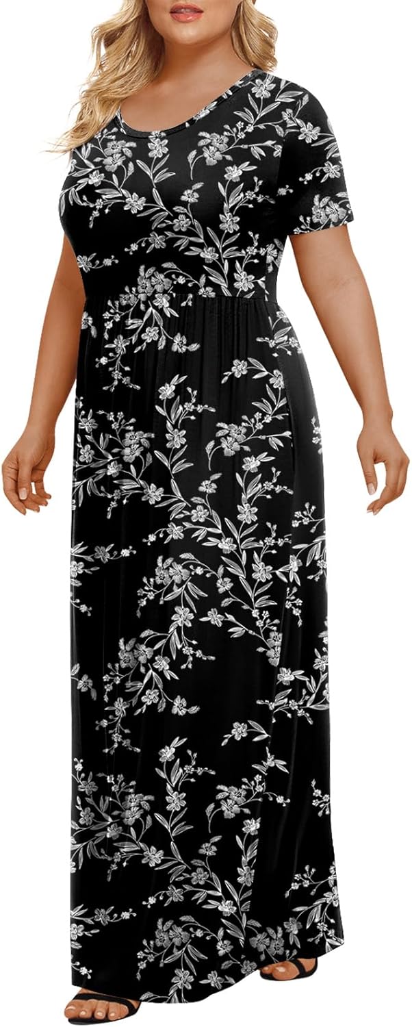 LONGYUAN Women's Plus Size Maxi Dresses for Curvy Women Summer Short Sleeve Casual 2025 Long Dress XL-6XL