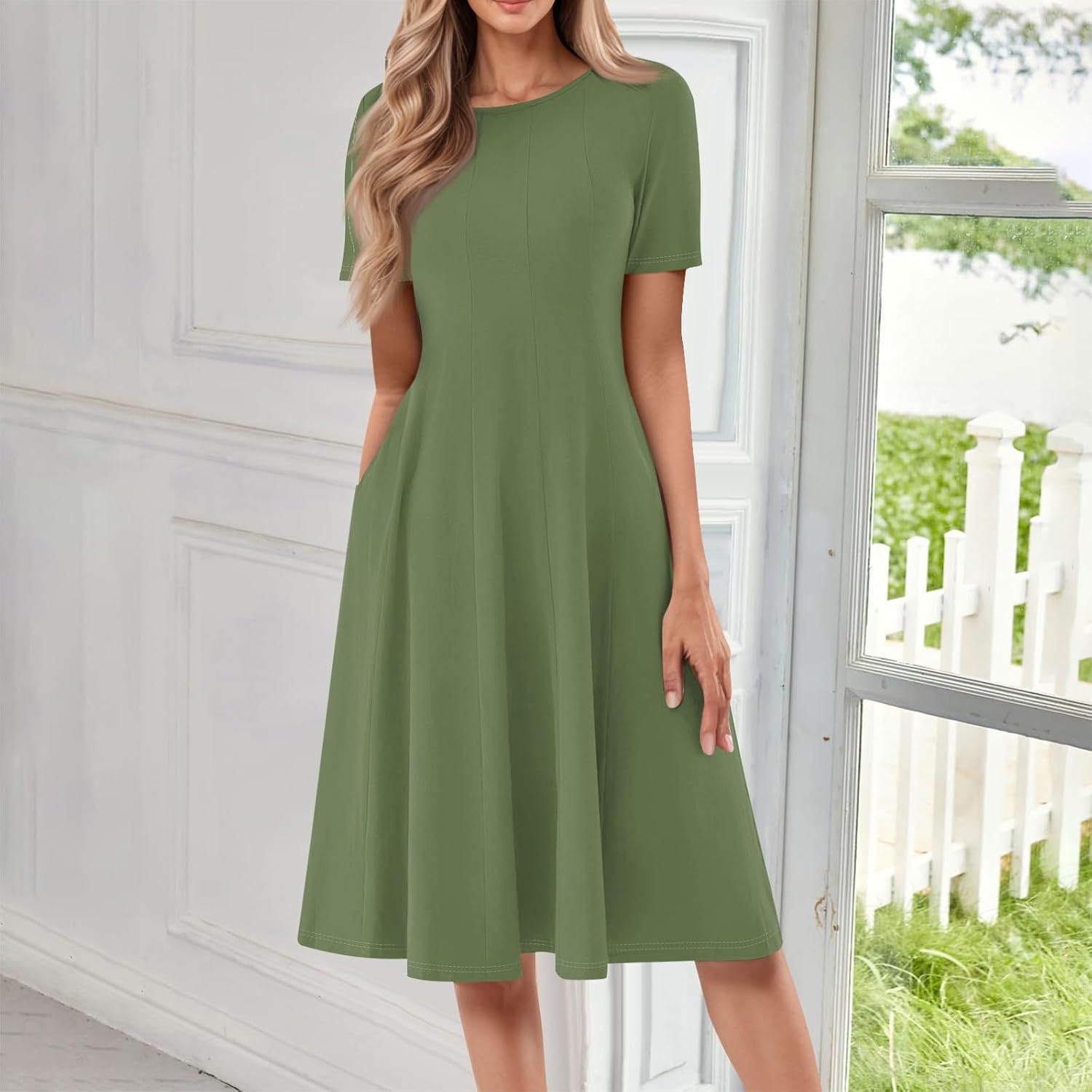 Summer Dresses for Women 2025 Crew Neck Short Sleeve Boho Beach Vacation Floral/Solid Midi Sundresses with Pockets