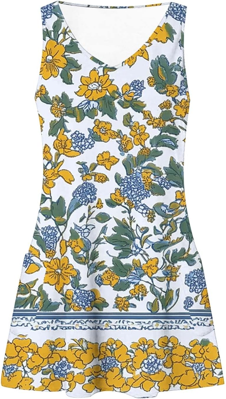 Womens 2025 Spring Summer Dresses Casual Floral Print V-Neck Tank Dress Curve Hem Pleated A-Line Sundresses