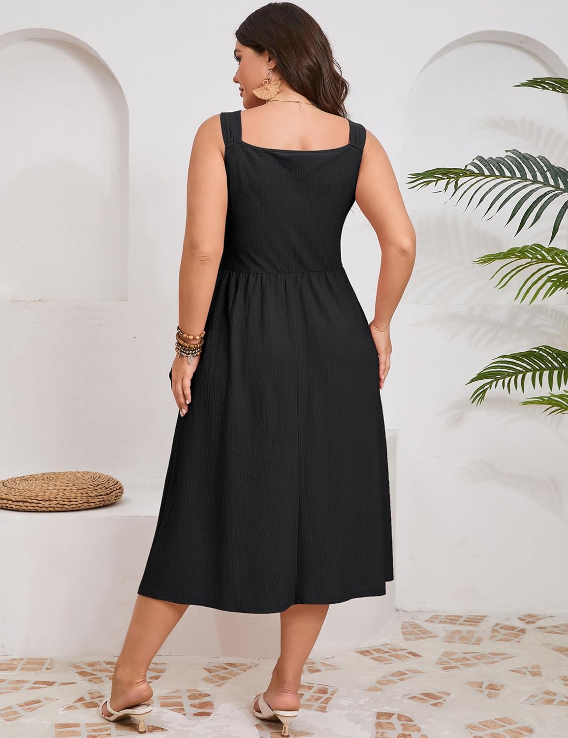 ShopWonder Plus Size Summer Dress for Women Sleeveless Spaghetti Strap V Neck Tie Front A Line Casual Beach Midi Dress