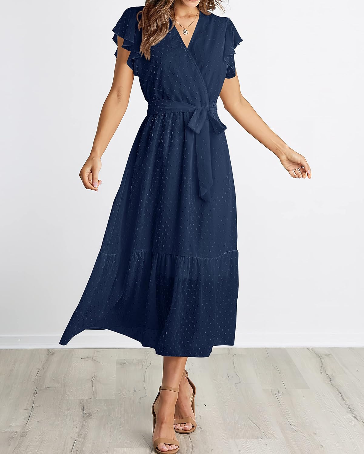 BTFBM Women Summer Bohemian Floral Casual Wrap V Neck Ruffle Cap Sleeveless Belt A-Line Pleated Hem Midi Sun Dress White