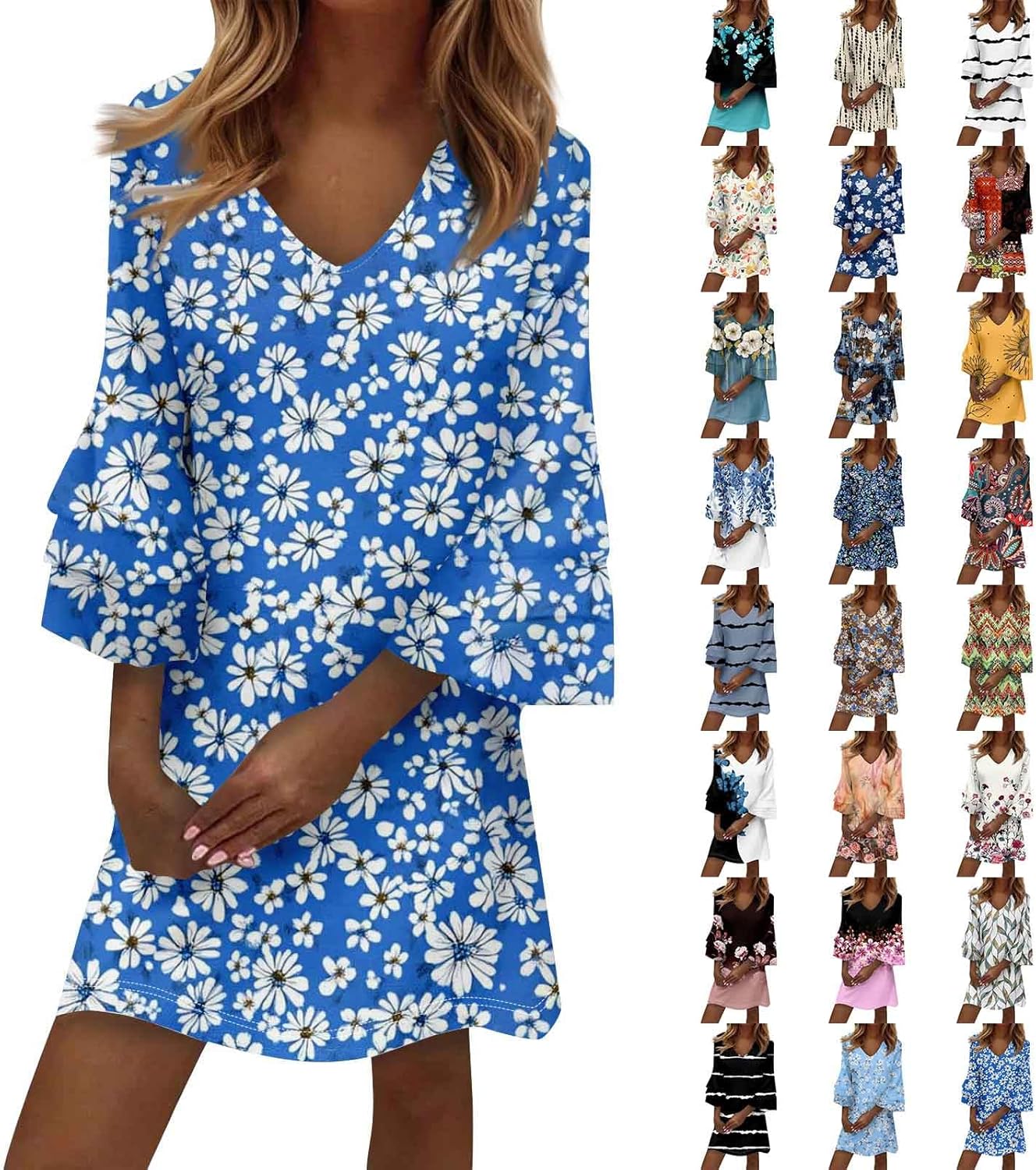 Beach Dresses for Women,2025 Summer Trendy Floral Print Boho Dress,Casual Loose V Neck Bell 3/4 Sleeve Mini Dress