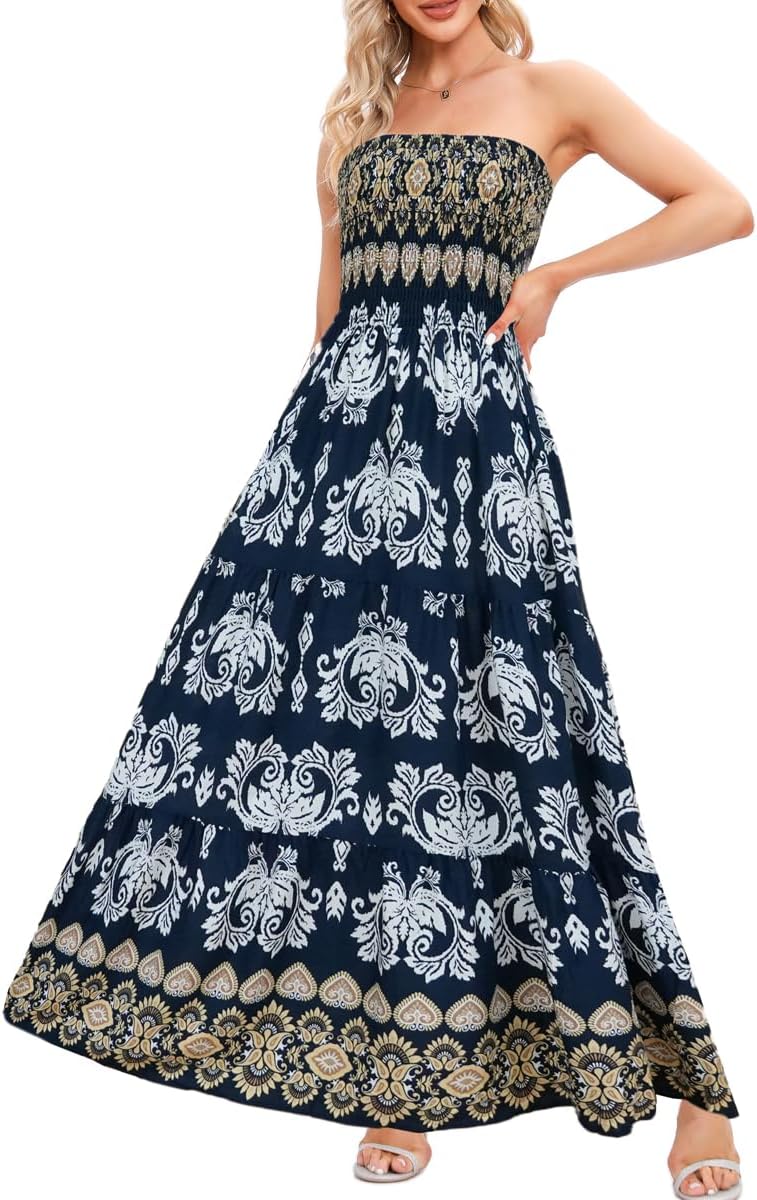 Women's Summer Strapless Tube Top Maxi Dresses Off Shoulder Boho Beach Long Dress