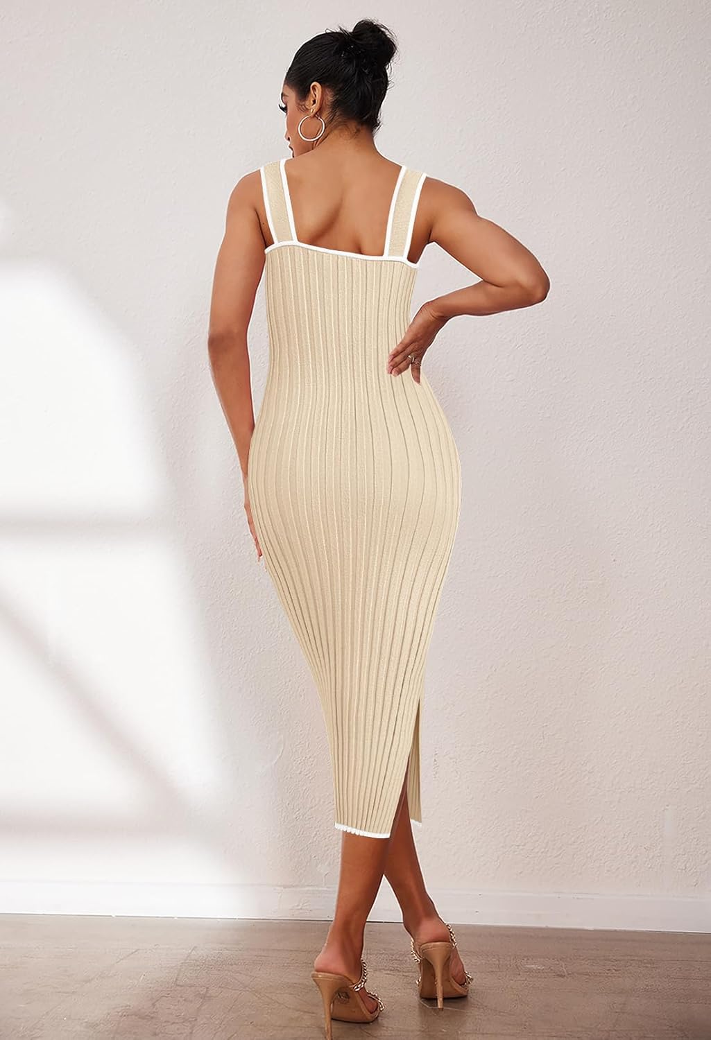 MEROKEETY Women's 2025 Summer Spring Bodycon Midi Dress Vacation Sleeveless Ribbed Knit Striped Party Sweater Dresses