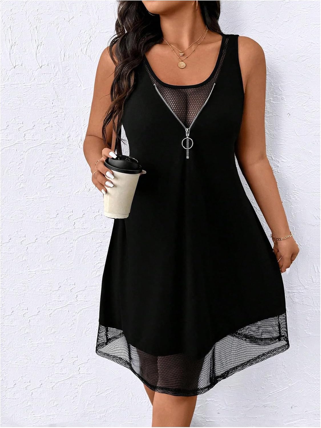 Verdusa Women's Plus Size Summer Dress Color Block Quarter Zip Tank Dress Sleeveless Short Dresses