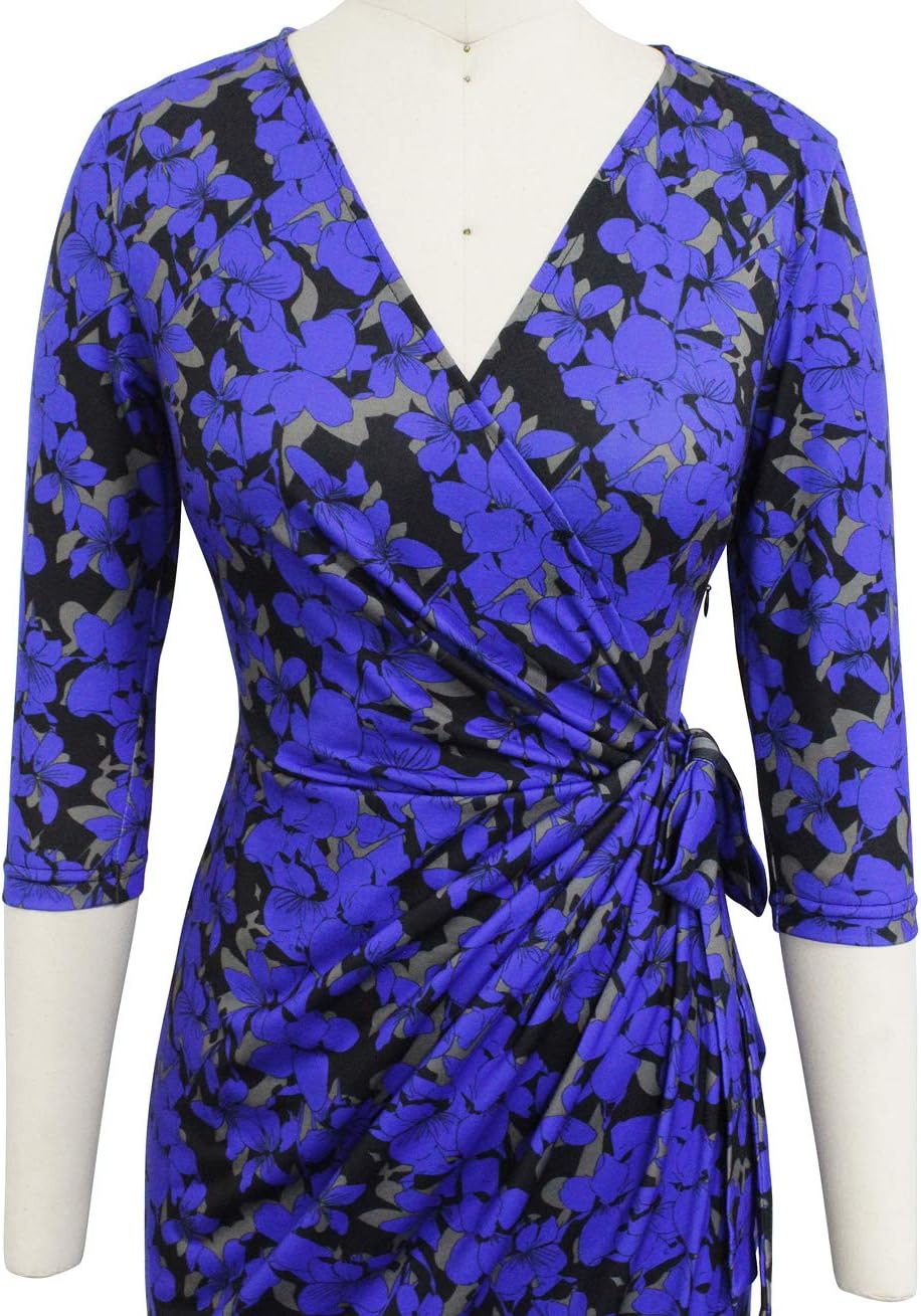 Berydress Women's Classic 3/4 Sleeve V Neck Sheath Casual Party Work Faux Black Wrap Dress