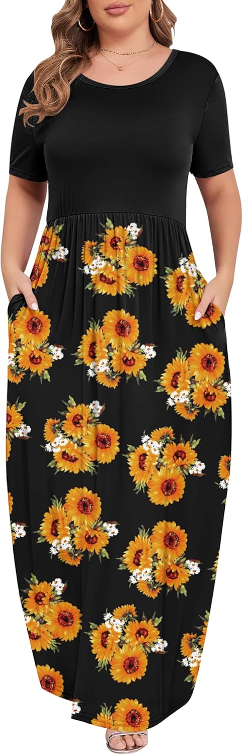 KARALIN Women’s Plus Size Maxi Dresses for Curvy Women Summer Casual Short Sleeve 2025 Long Dress 14W-26W