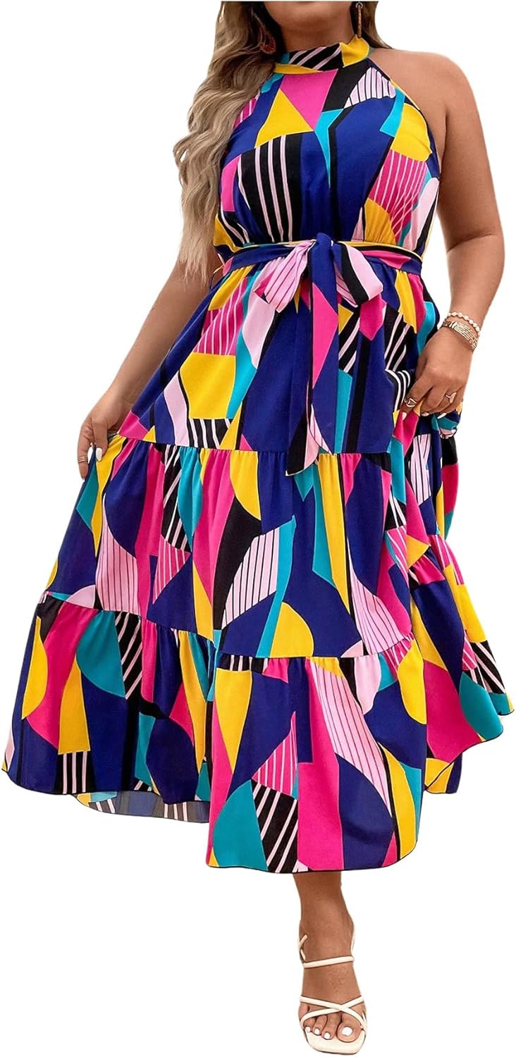 Floerns Women's Plus Size Boho Sleeveless Halter Neck Tie Back A Line Long Dress