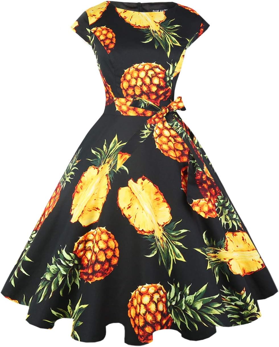 PUKAVT Women's 1950 Boatneck Cap Sleeve Vintage Swing Cocktail Party Dress with Pockets