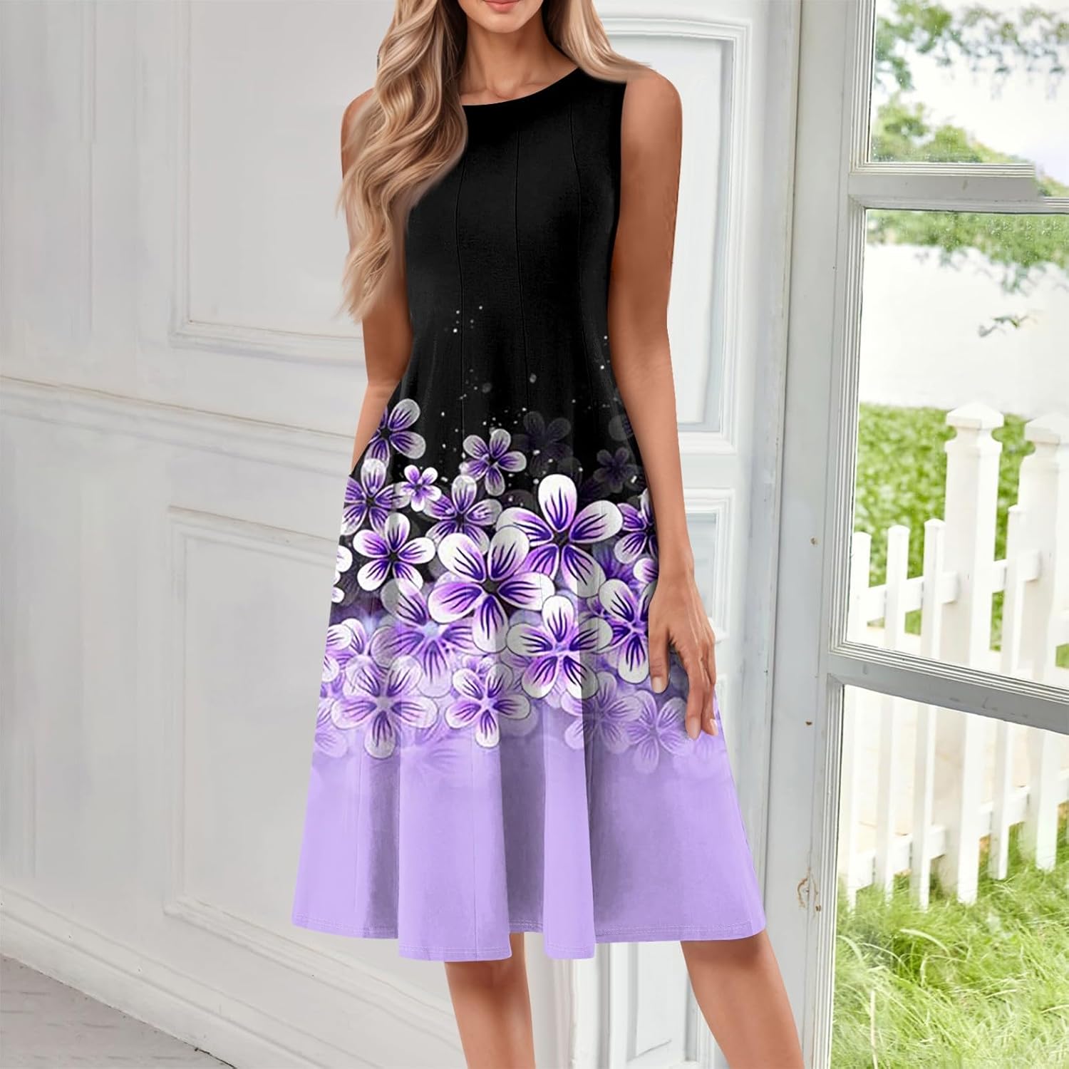 Womens Tank Sundress 2025 Casual Floral Print Tshirt Dress Swing Sleeveless Midi Dress Crewneck Pleated Summer Dresses