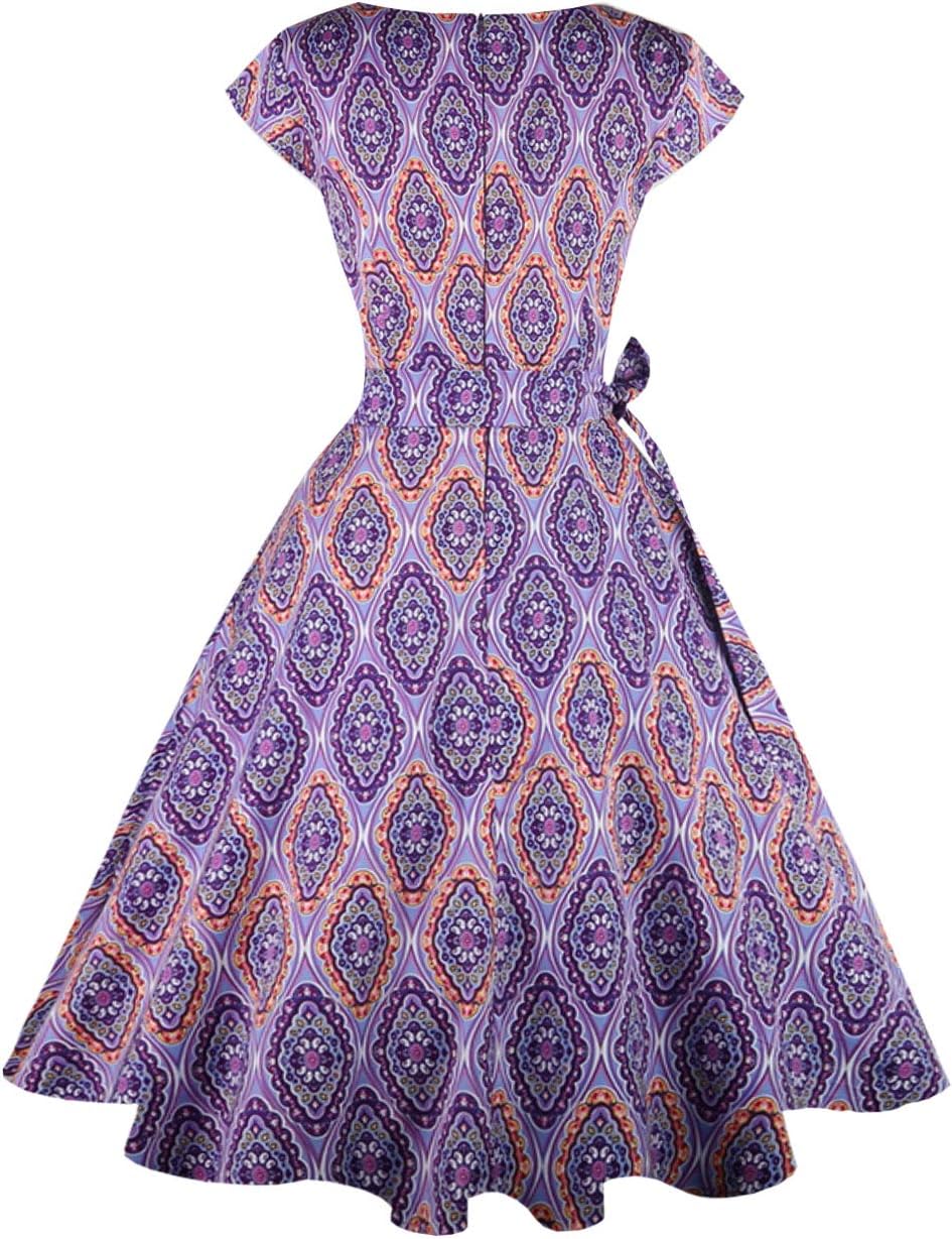 PUKAVT Women's 1950 Boatneck Cap Sleeve Vintage Swing Cocktail Party Dress with Pockets