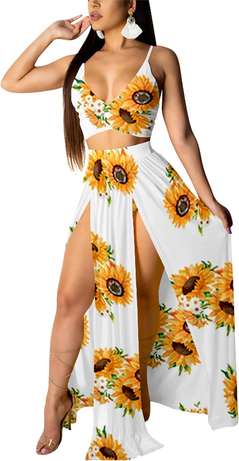 Women Sexy 2 Piece Outfits Dress Chiffon Strap Deep V Neck Bra Crop Top High Split Maxi Dresses Skirt Set