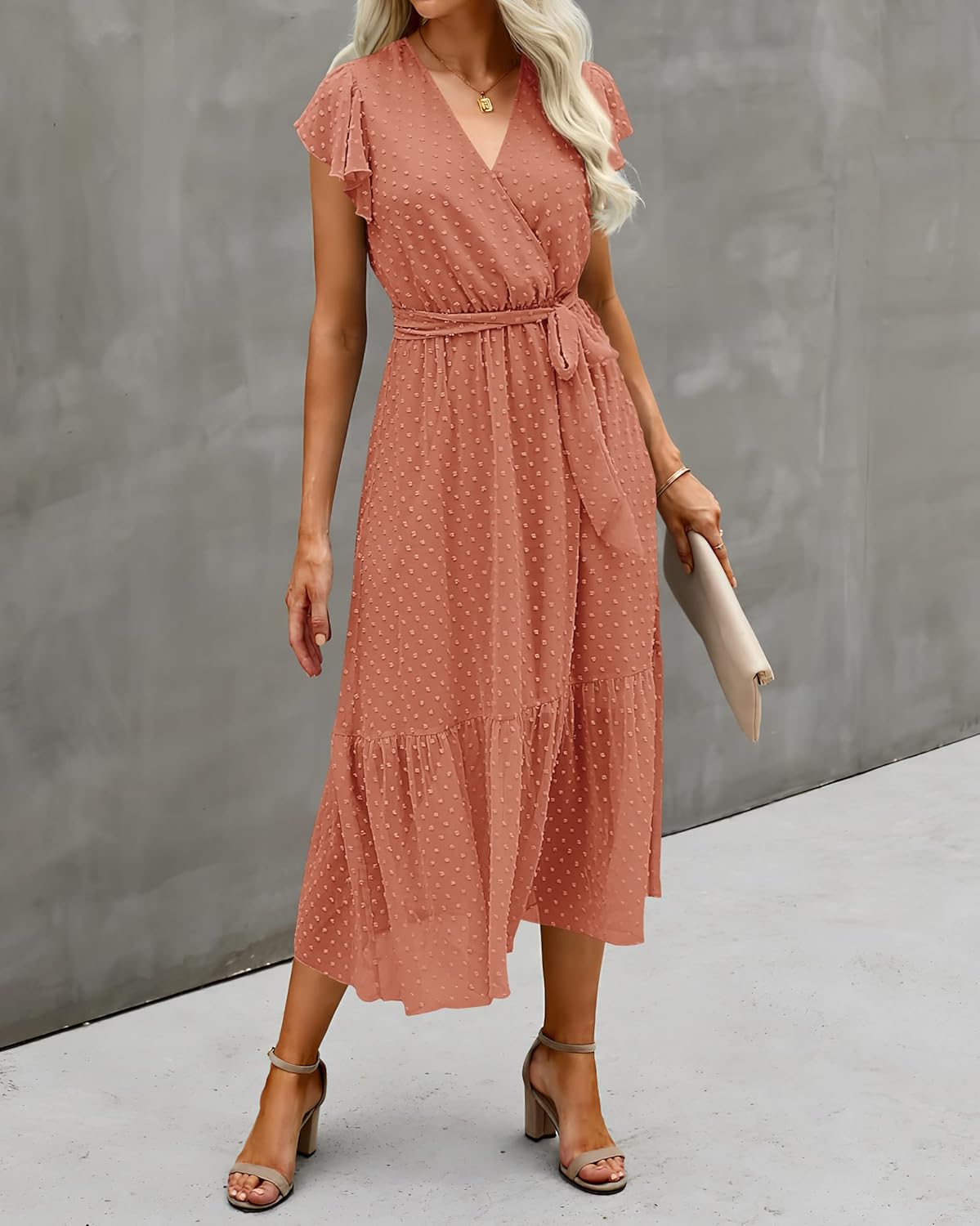 BTFBM Women Summer Bohemian Floral Casual Wrap V Neck Ruffle Cap Sleeveless Belt A-Line Pleated Hem Midi Sun Dress White