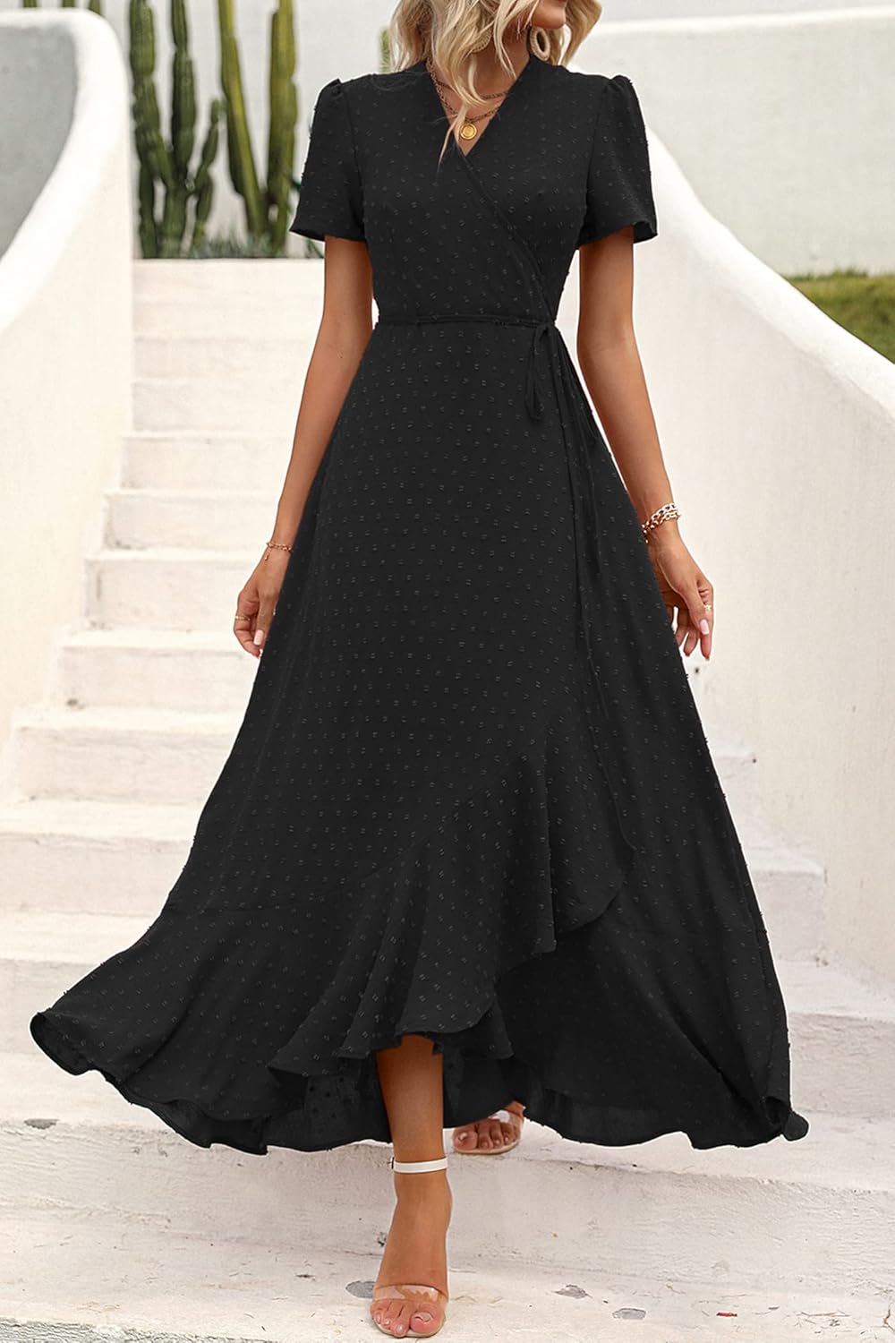 PRETTYGARDEN Women's Summer Wrap Maxi Dress Casual Short Sleeve Floral Boho V Neck Split Ruffle Beach Long Dresses