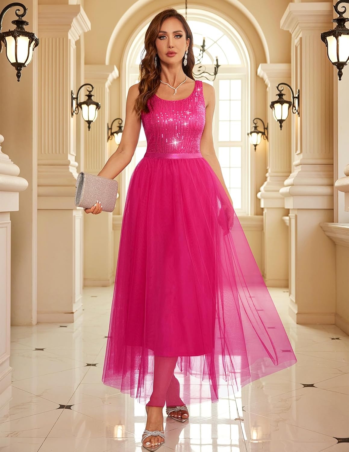 BeryLove Sequin Dress for Woman Vintage A Line Wedding Formal Swing Mesh Dress Sleeveless Cocktail Maxi Gowns