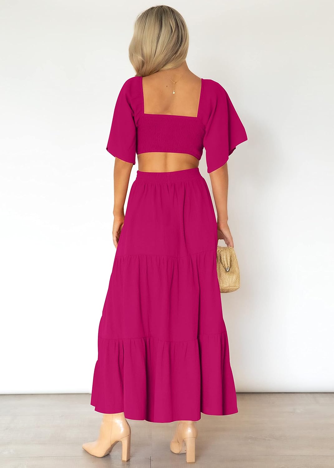 LEANI Women's 2025 Summer Cutout Maxi Dress Square Neck Short Sleeve Crossover Waist Casual Party Dresses