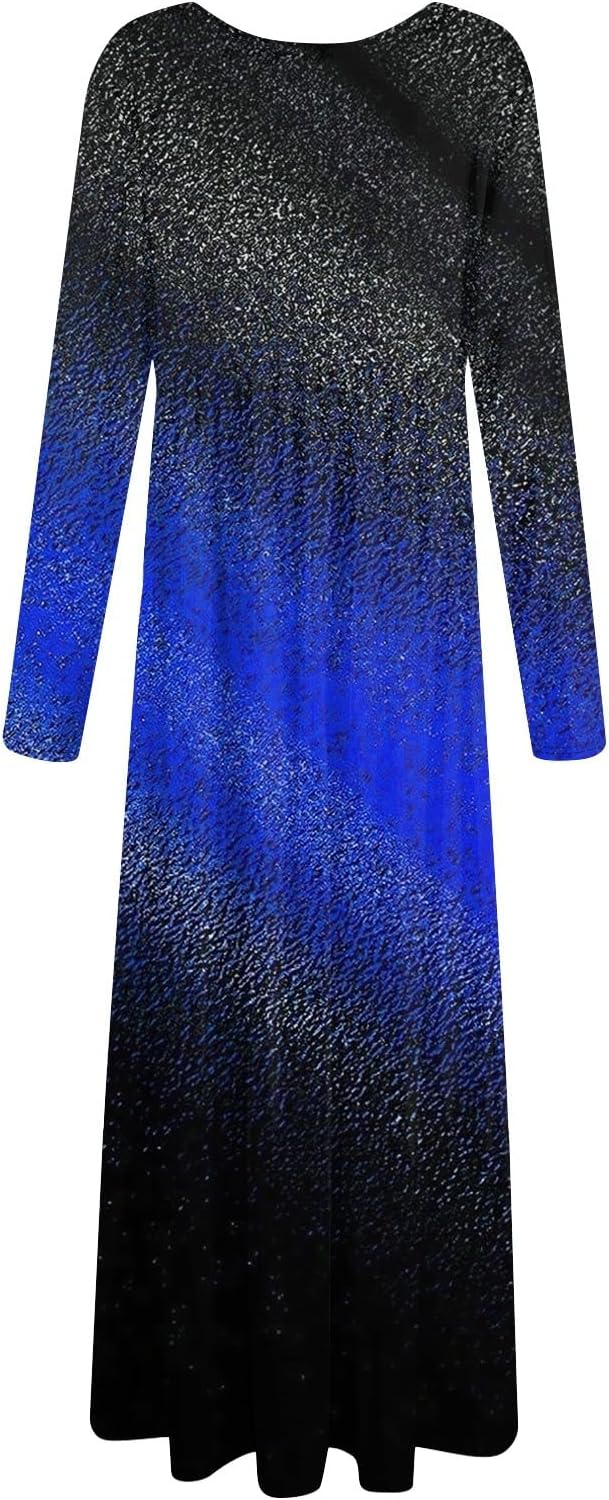 Long Sleeve Maxi Dress for Women Elegant Crew Neck Flowy Swing Dresses Solid Color Wedding Guest Dresses