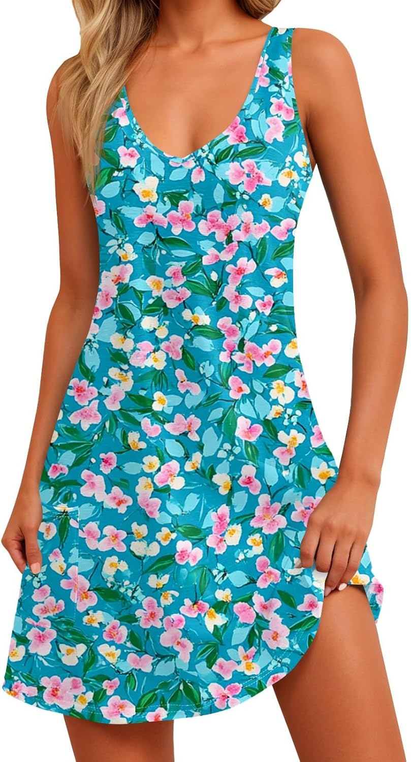 NBXNZWF Women Summer Casual Dress 2025 Casual Loose Sleeveless V-Neck Sundresses A Line Tshirt Beach Dresses with Pockets